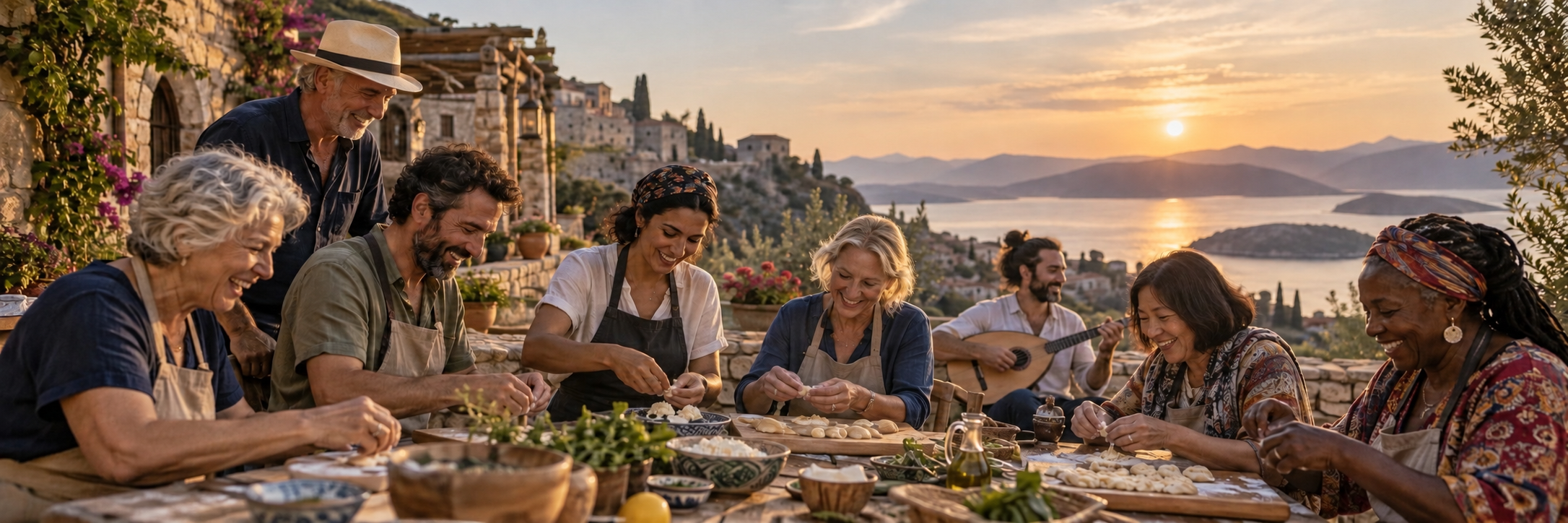 Community gathering to prepare food together at dusk