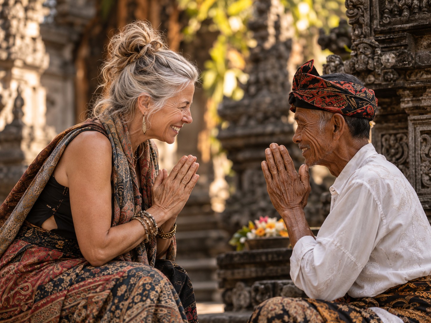 Traveler and local elder greeting each other with hands pressed together