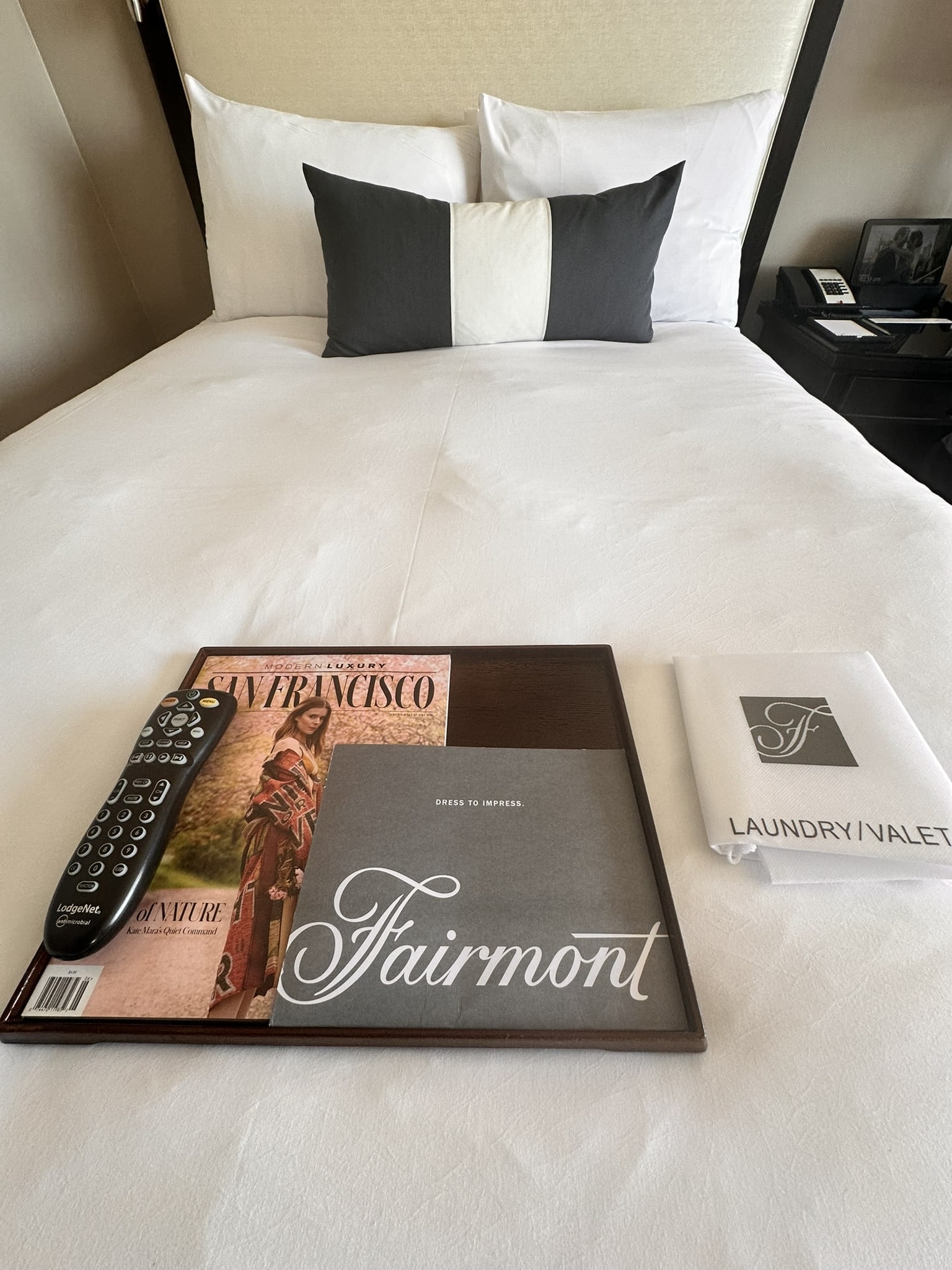 One of the queen beds in our room upon arrival.