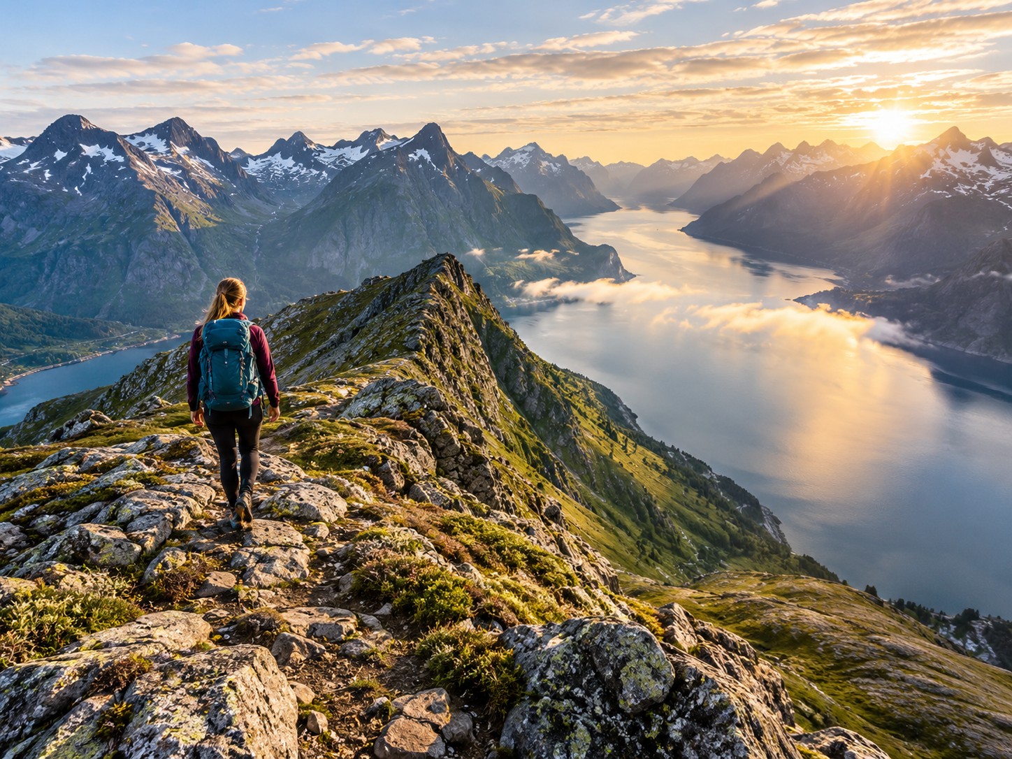 Hiker overlooking a fjord
