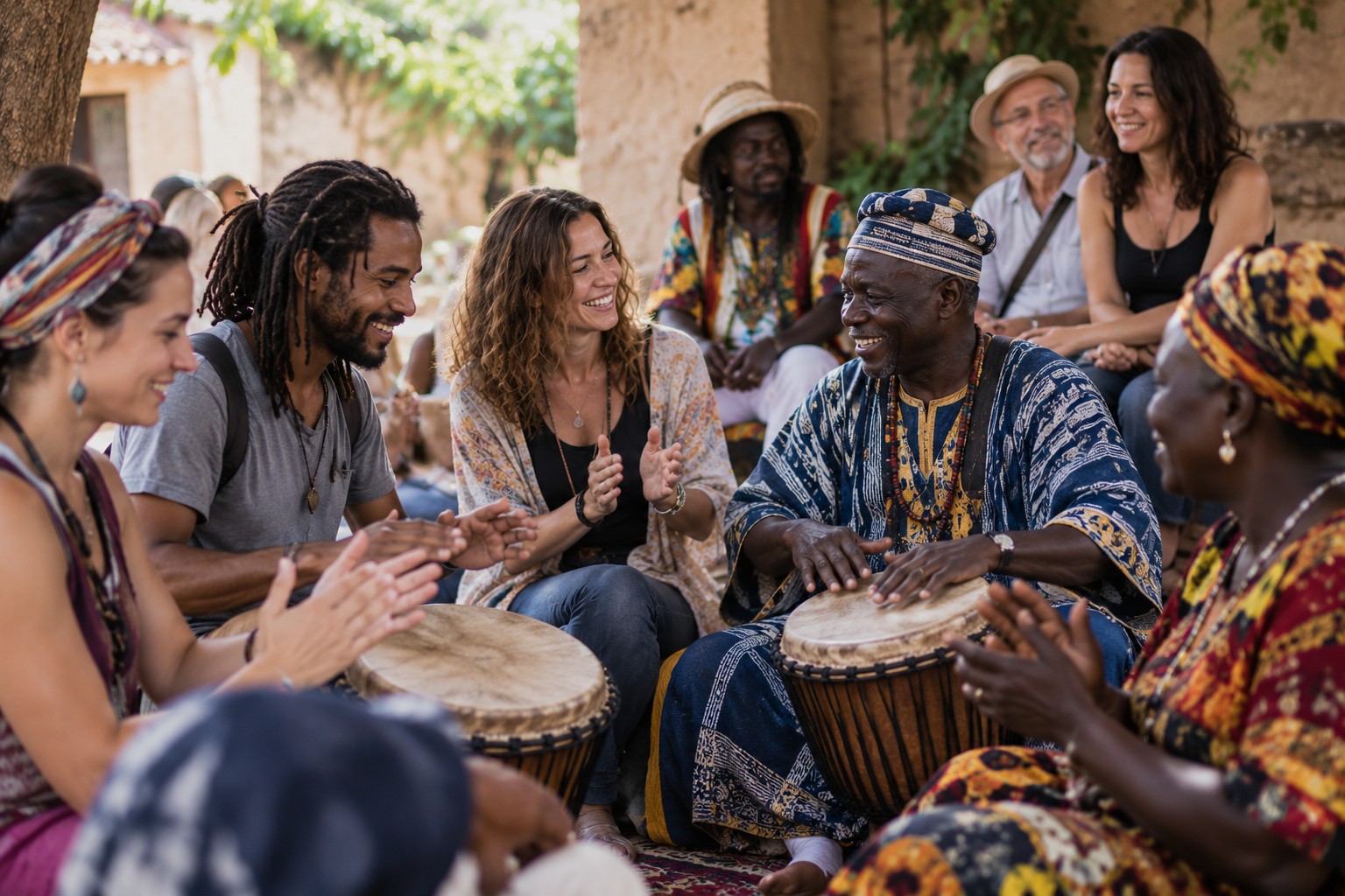 Circle of travelers and locals drumming together