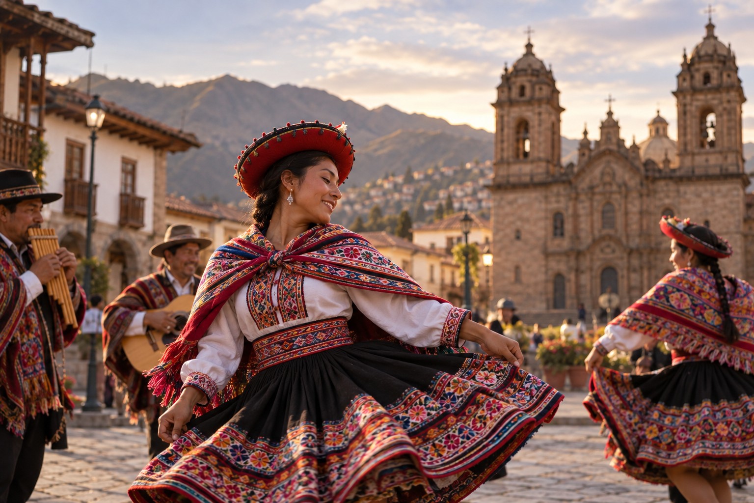 Dancers in traditional dress performing in a plaza
