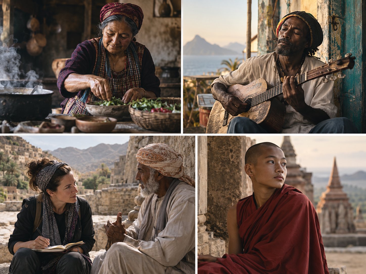 Diverse voices from around the world: a woman cooking, a musician, a traveler in conversation with a local elder, and a monk