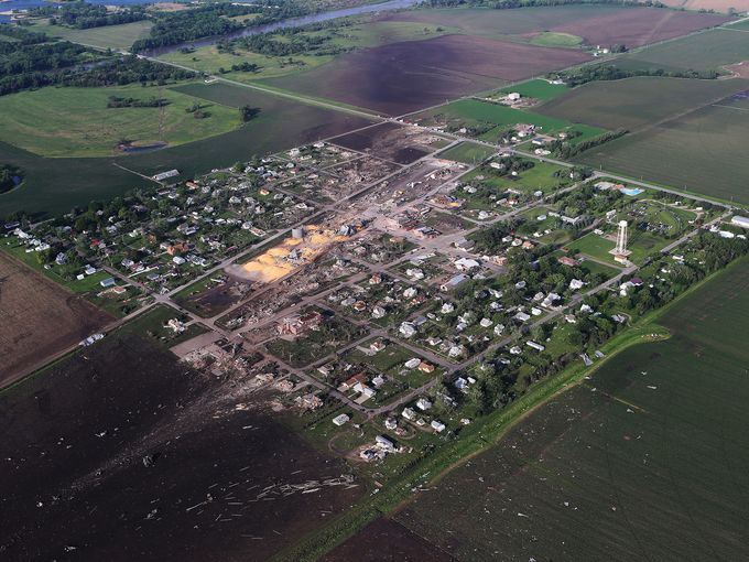 Aerial view of the path of the tornado. The town is really small and my aunt lived near the bottom left corner where everything was blown out into the fields.